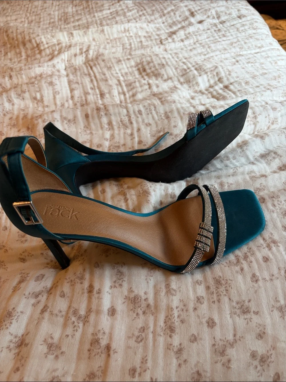 Teal Satin Ankle-Strap Evening Heels with Crystal Accent